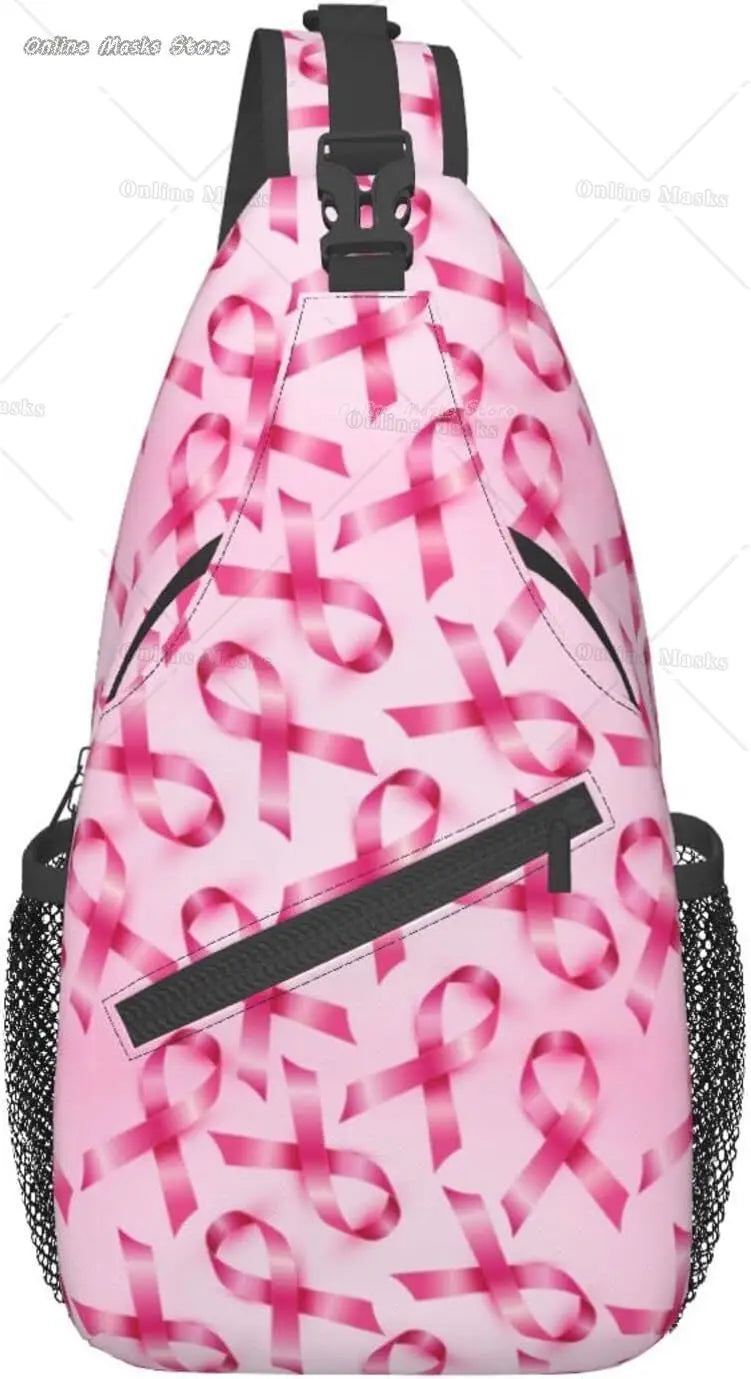 Breast Cancer Pink Awareness Ribbon Sling Bag for Women Girls Shoulder Backpack Chest Bags Crossbody Daypack for Hiking Camping