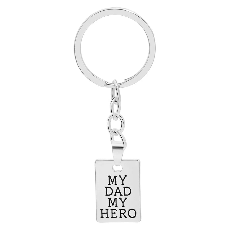"MY DAD MY HERO" Keychain Necklace for Men Women Square Brand Carved Letter Pendant Chain Key Ring Accessories Father's Day Gift