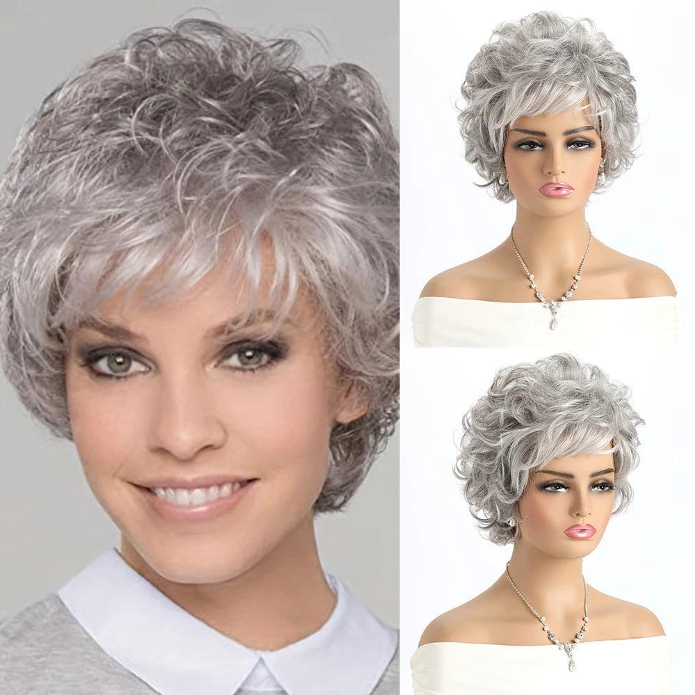 Short Natural Wigs with Bangs Soft Mommy Hair Daily Use Short  Grey Ombre Curly Synthetic Hair Costume Party Wig for Women