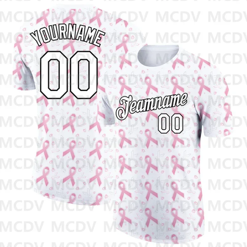 Custom Light Blue White 3D Pink Ribbon Breast Cancer Performance T-Shirt