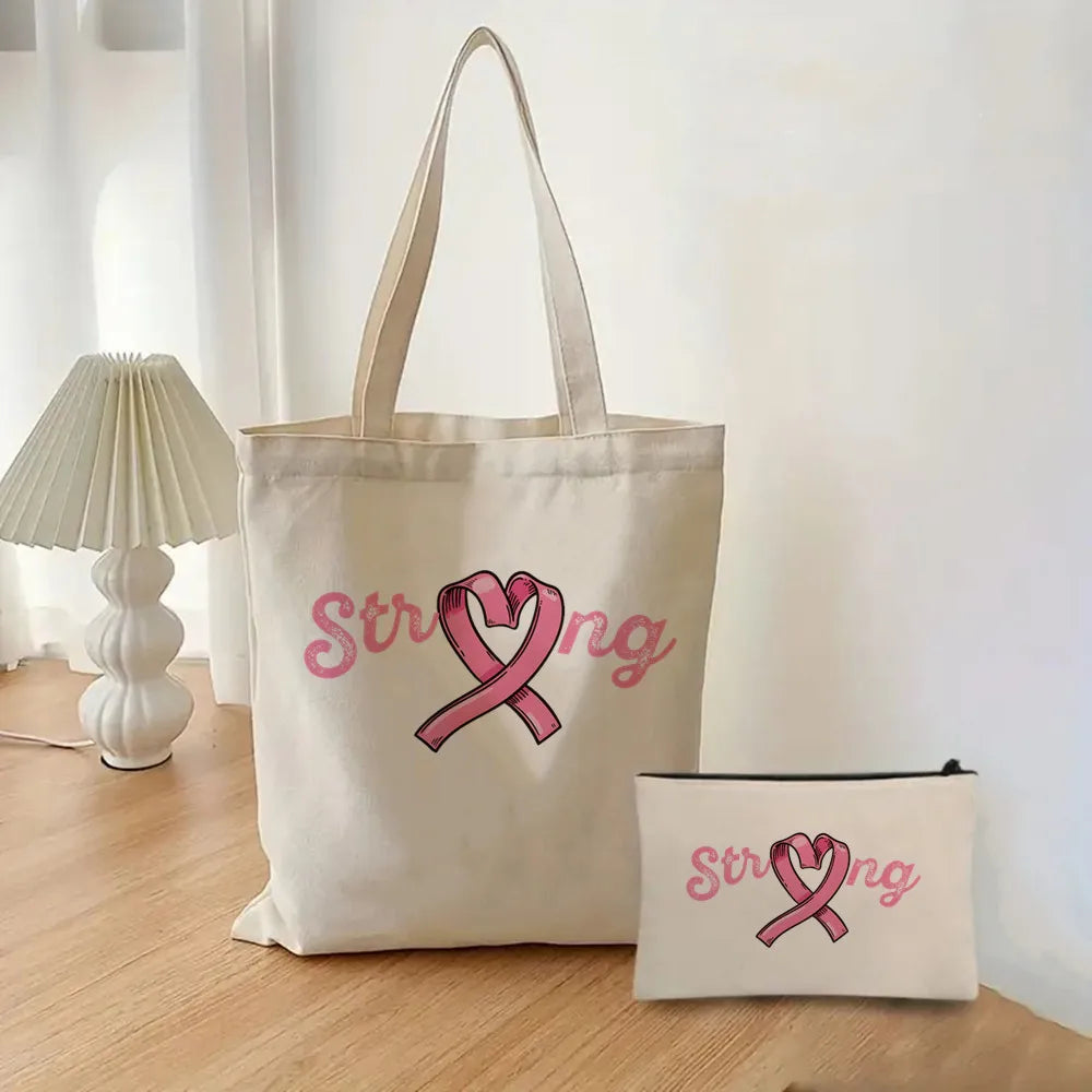 October Pink Breast Cancer Awareness Pattern Bag Set, Lightweight Large Capacity Tote Bag, Party Gift Handbag for Girls