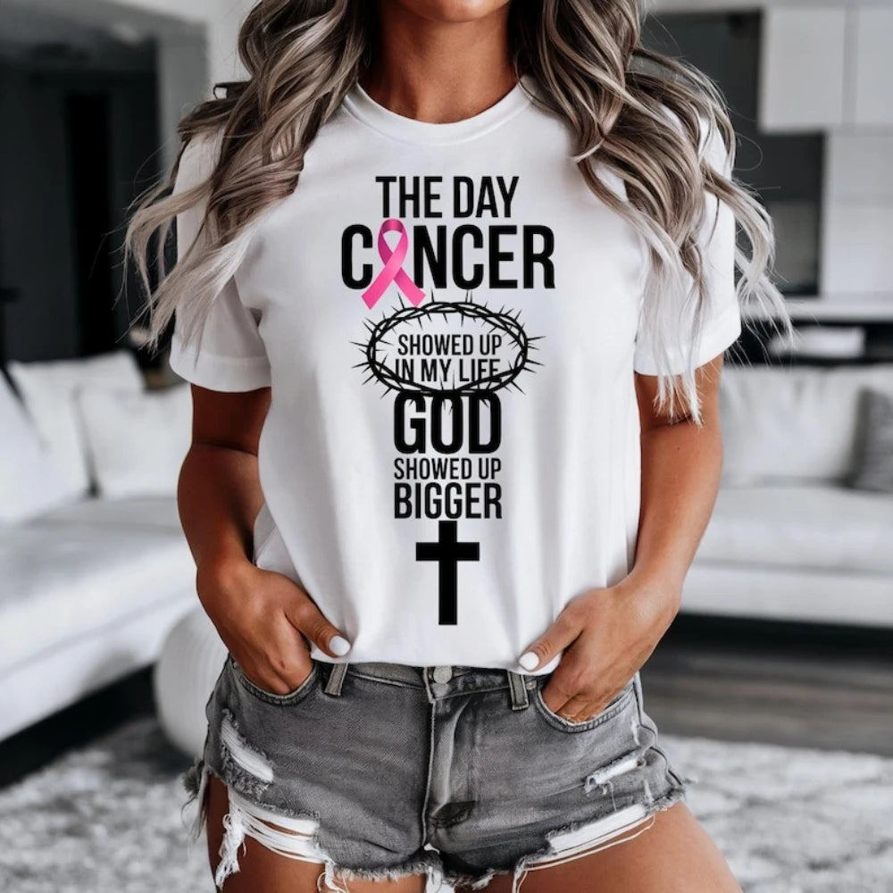 Breast Cancer Awareness Month Women Shirt Breast Cancer Awareness God Showed Up Bigger Christian Quote for T-Shirts Tops