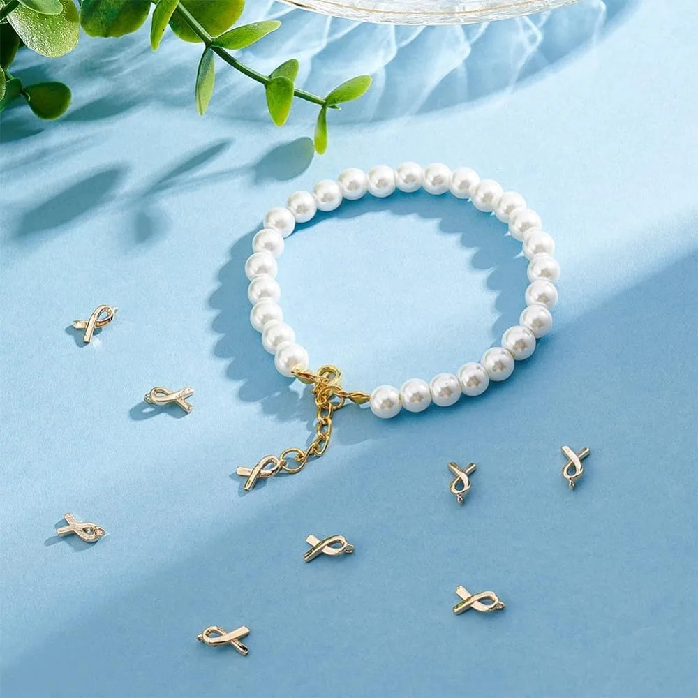 10pcs CHARM to put on necklace; Gold Plated Awareness Ribbon Charms Breast Cancer Brass Hope Awareness Pendant Charms with Loop
