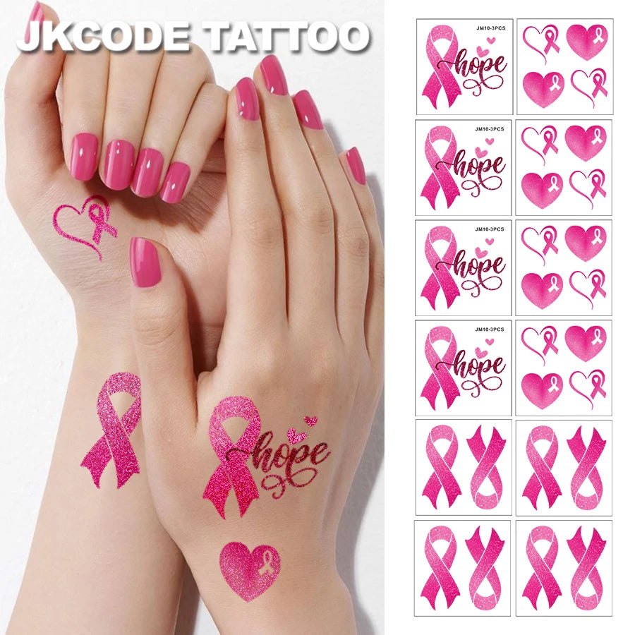 FUN TATTOOS to Celebrate! 12 Pcs Pink Ribbon "Hope" Temporary Tattoos - Show Your Support, Waterproof Stickers for Breast Cancer Awareness