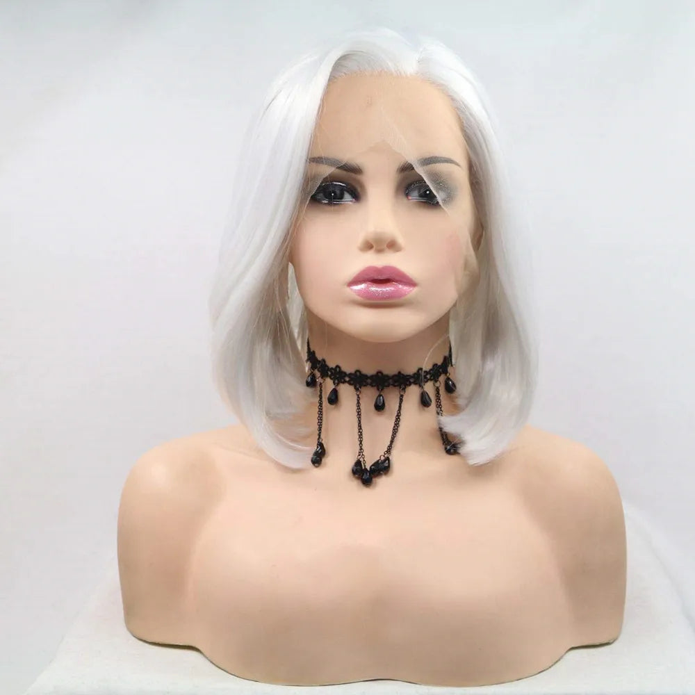 White Bob Synthetic Lace Front Wig Silver Platinum Blonde 14 Inch Side Part Heat Resistant Fiber Wig for Women