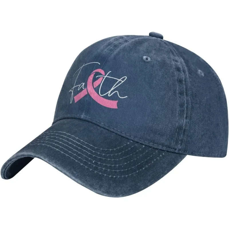 Faith Breast Cancer Awareness Ribbon Denim Washed Baseball Cap Casual Adjustable Adult Hat