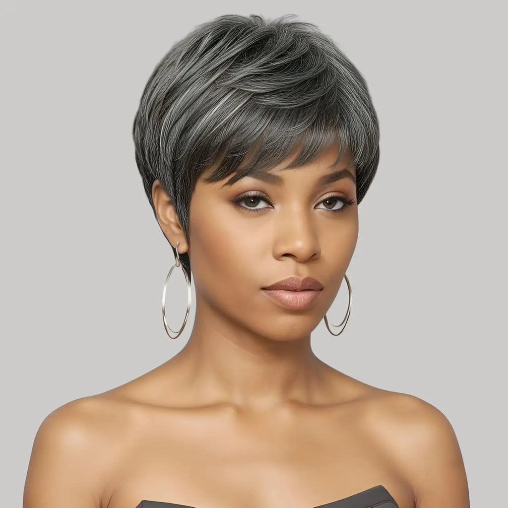 Ombre Grey Short Pixie Cut Wig with Bangs Salt and Pepper Human Hair Wig Pre Plucked Glueless Gray Bob Wig Full Machine Made