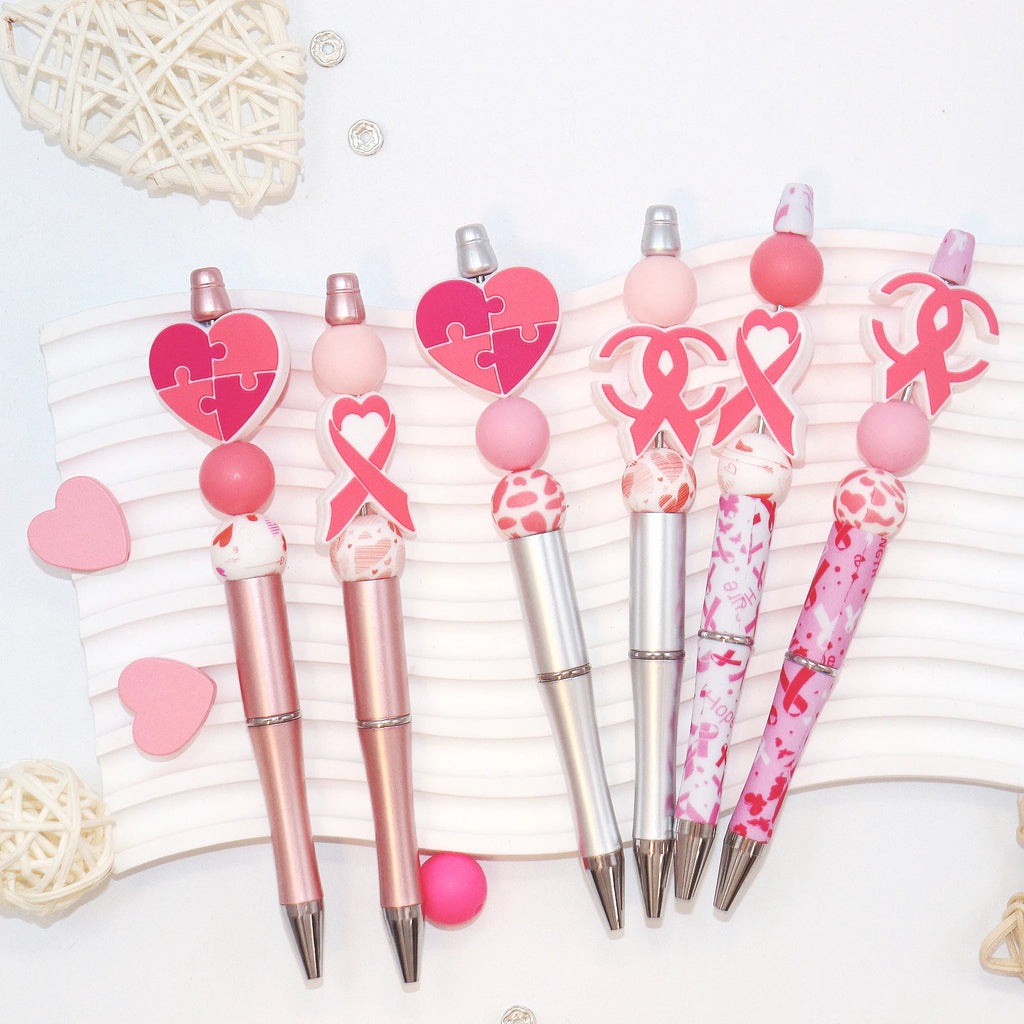 6PCS New Pink Ribbon Love Breast Cancer Awareness Theme Beaded Ballpoint Pen And Silicone Bead Set, Office &School Supply