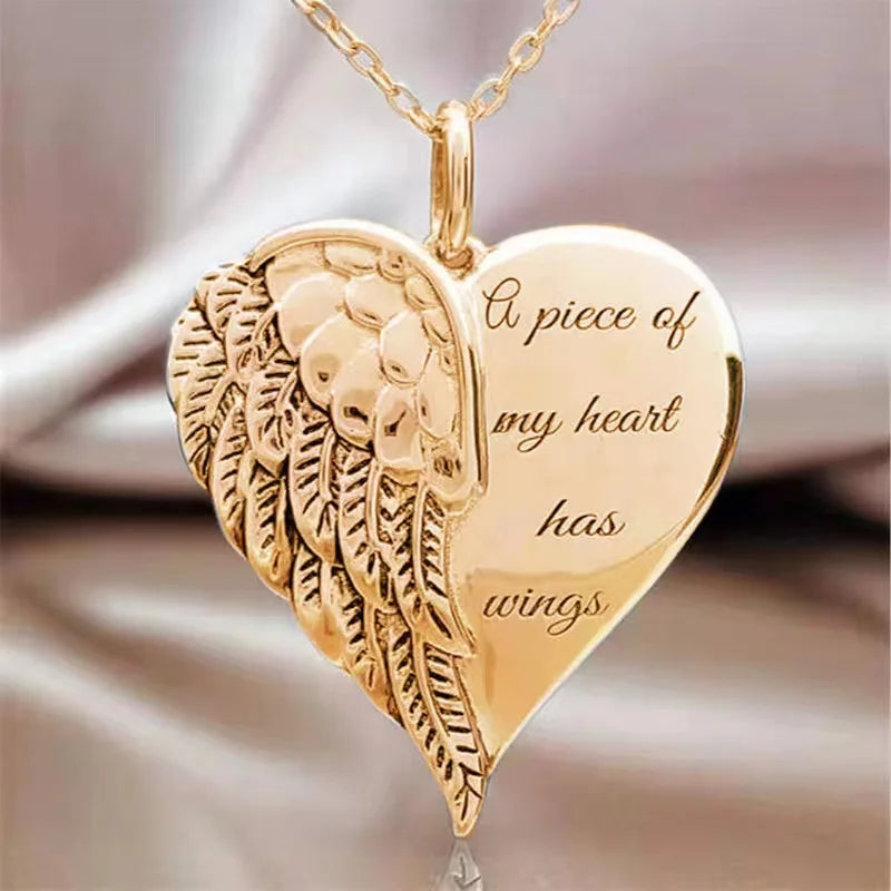 A Piece of My Heart Has Wings Pendant European American Angel Wings Engraved Necklace Jewelry Necklace for Women