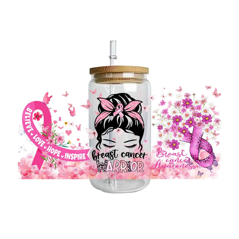 Pink Ribbon Affirmation Cup Wraps Decals for 16oz Libbey Glass Breast Cancer Awareness 3D Transfer Stickers UV DTF Cup Wraps