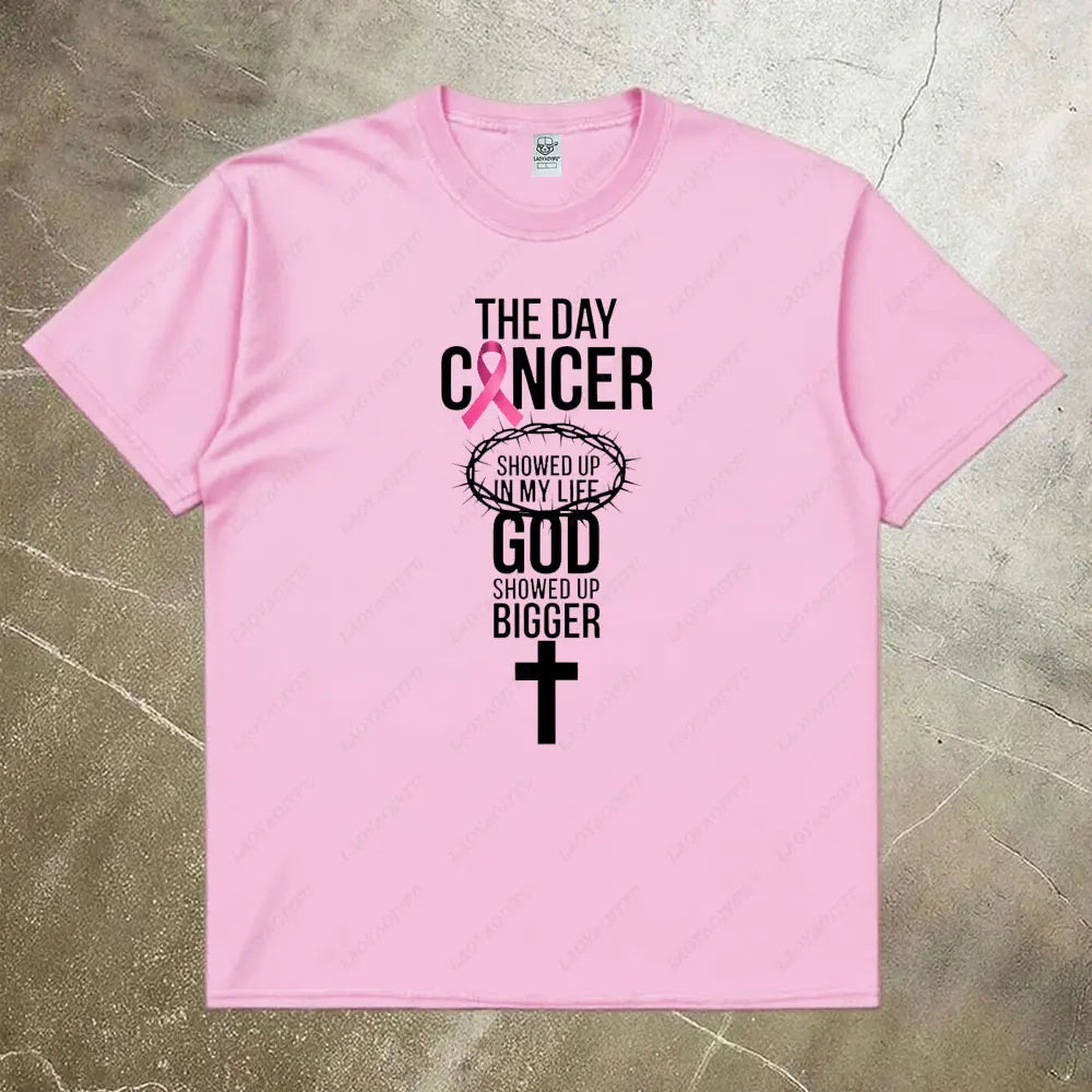 Breast Cancer Awareness Month Women Shirt Breast Cancer Awareness God Showed Up Bigger Christian Quote for T-Shirts Tops