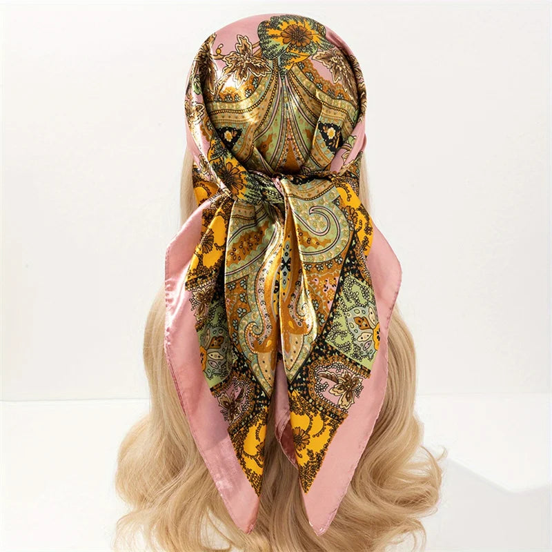 Satin Square Scarf Women  Elegant 2025 Print Silk Neckerchief Shawl Wraps Headband Handle Hair Accessories Bandana