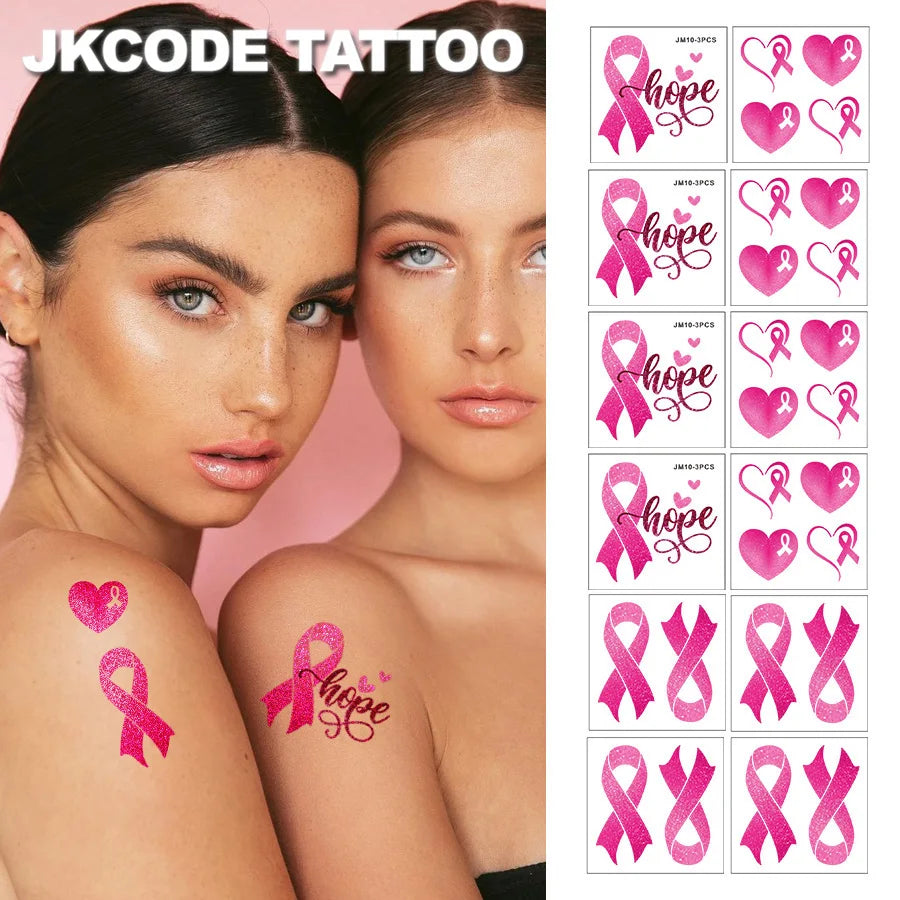 FUN TATTOOS to Celebrate! 12 Pcs Pink Ribbon "Hope" Temporary Tattoos - Show Your Support, Waterproof Stickers for Breast Cancer Awareness