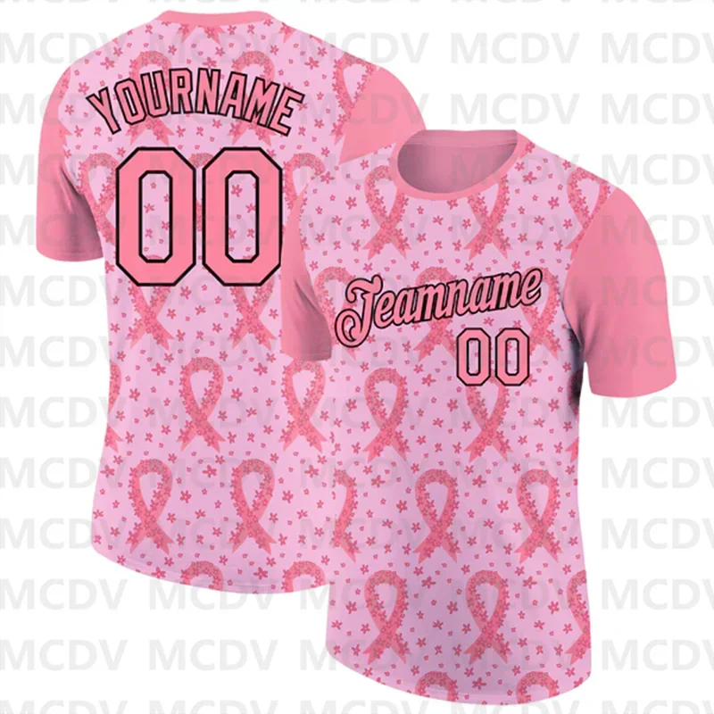 Custom Light Blue White 3D Pink Ribbon Breast Cancer Performance T-Shirt