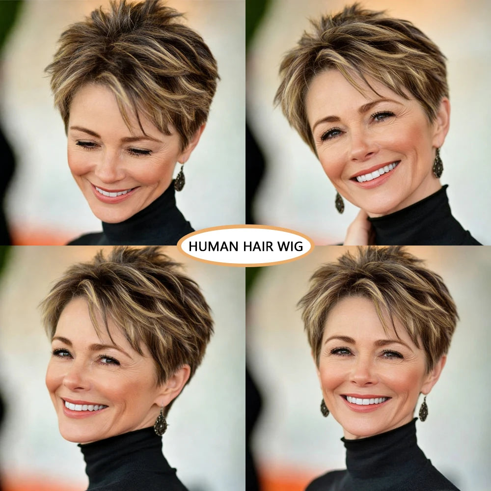Short Brown Mixed Golden Highlights Human Hair Full Machine-Made Pixie Cut Wig for Black Women