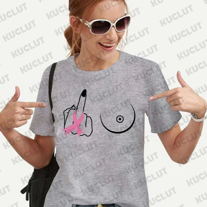 Middle Finger Breast Cancer Shirt for Women Clothing Warrior Shirt Motivational T-shirts Short Sleeve Tee Shirt Women's Clothes