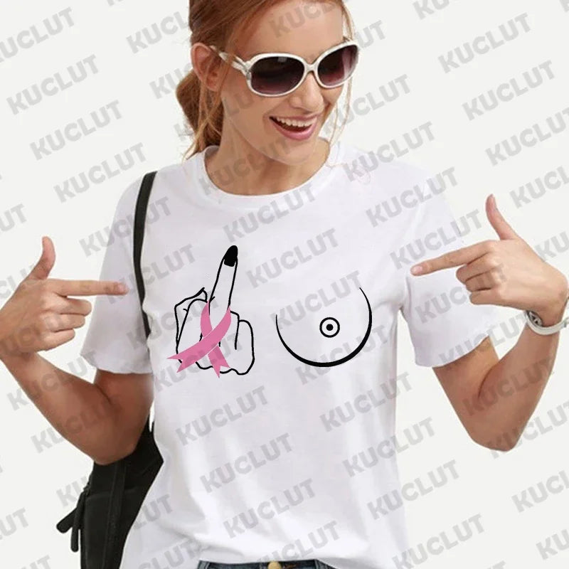 Middle Finger Breast Cancer Shirt for Women Clothing Warrior Shirt Motivational T-shirts Short Sleeve Tee Shirt Women's Clothes