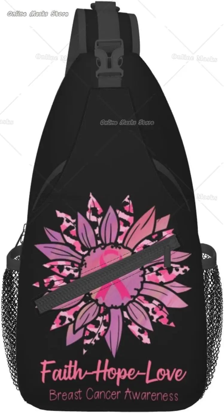 Breast Cancer Pink Awareness Ribbon Sling Bag for Women Girls Shoulder Backpack Chest Bags Crossbody Daypack for Hiking Camping