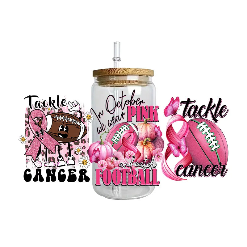 Pink Ribbon Affirmation Cup Wraps Decals for 16oz Libbey Glass Breast Cancer Awareness 3D Transfer Stickers UV DTF Cup Wraps