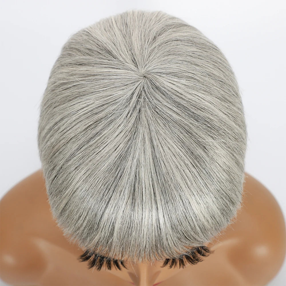 Ombre Grey Short Pixie Cut Wig with Bangs Salt and Pepper Human Hair Wig Pre Plucked Glueless Gray Bob Wig Full Machine Made
