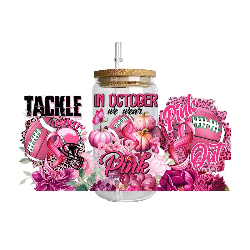 Pink Ribbon Affirmation Cup Wraps Decals for 16oz Libbey Glass Breast Cancer Awareness 3D Transfer Stickers UV DTF Cup Wraps