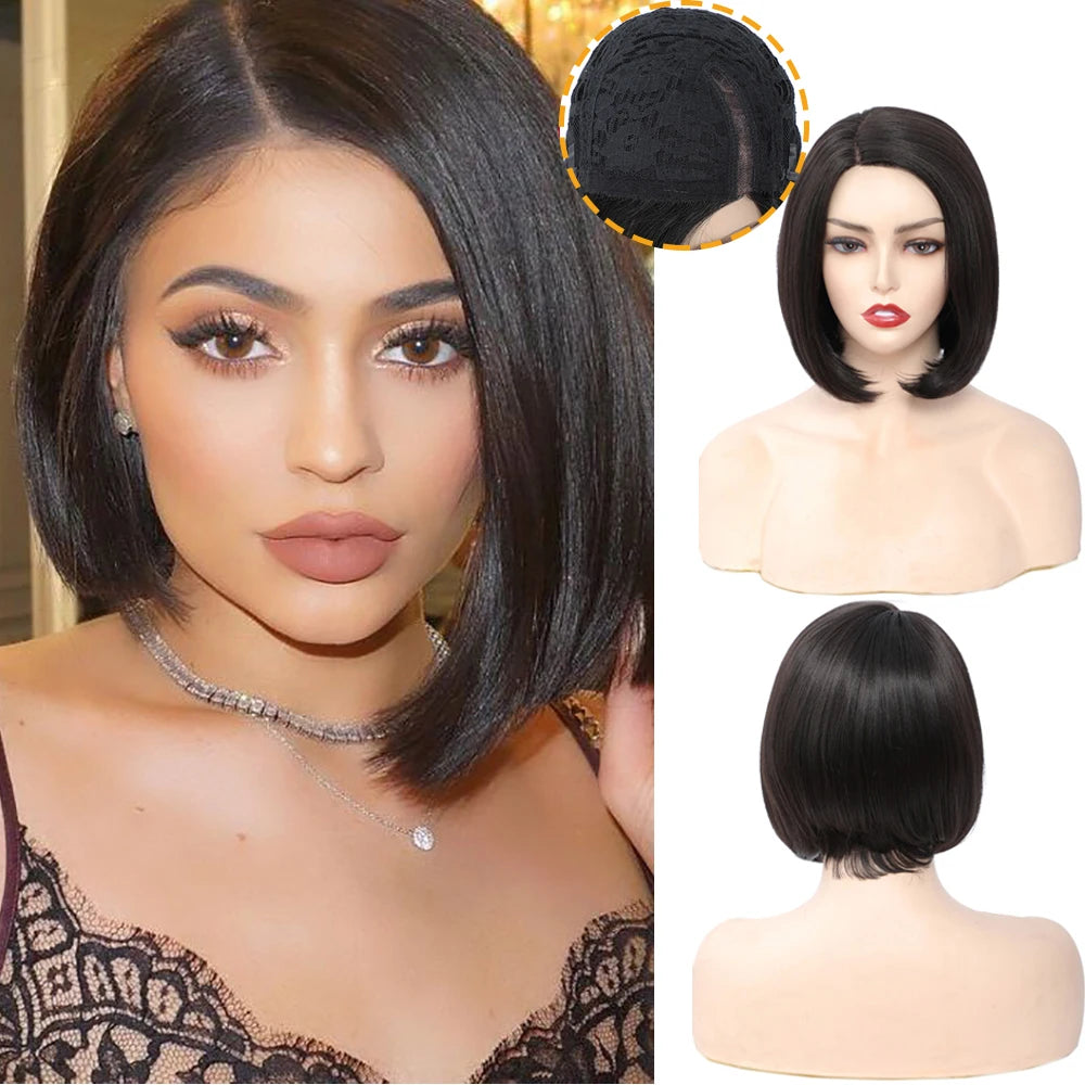 Synthetic Lace Front Wig L Part Straight Short Bob Ombre Rachel Brown Colored Soft Hair Wigs For Women Right Side Part