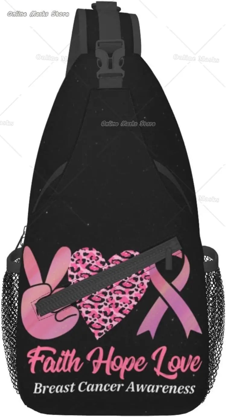 Breast Cancer Pink Awareness Ribbon Sling Bag for Women Girls Shoulder Backpack Chest Bags Crossbody Daypack for Hiking Camping