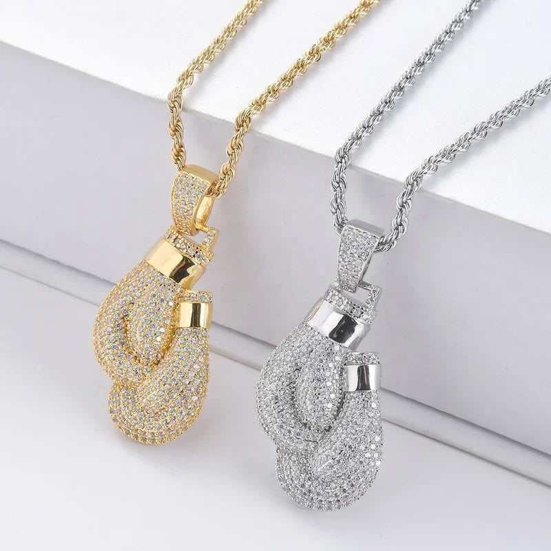 KEEP FIGHTING Boxing Gloves Pendant Necklace and Pendant Gold color rhinestones Men's /Women's fighting Necklace Pendant Jewelry