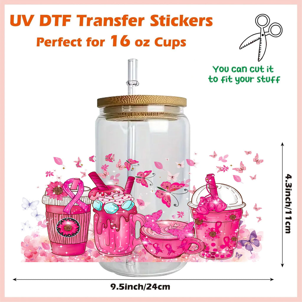 Pink Ribbon Affirmation Cup Wraps Decals for 16oz Libbey Glass Breast Cancer Awareness 3D Transfer Stickers UV DTF Cup Wraps