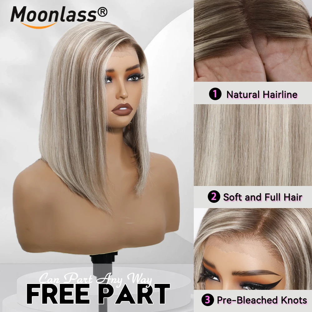 Moonlass 210 Density Highlight Grey Velvet Blunt Cut Bob 100% Human Hair Wigs Breathable Cap Construction Luxury for Everyday