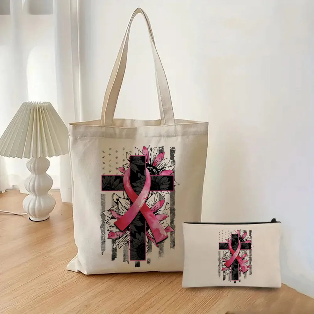 October Pink Breast Cancer Awareness Pattern Bag Set, Lightweight Large Capacity Tote Bag, Party Gift Handbag for Girls