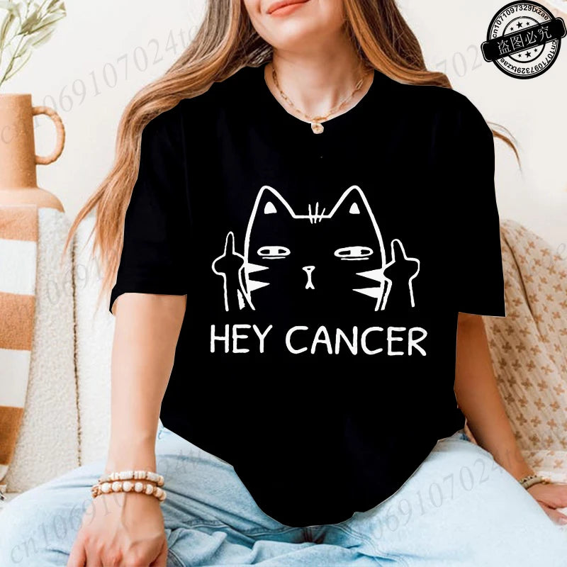 "Hey Cancer" Survivor T-Shirts, Cancer Warrior Shirt, Kitten Awareness Month Tee, Cancer Fighter Gift Shirt for Women Clothing