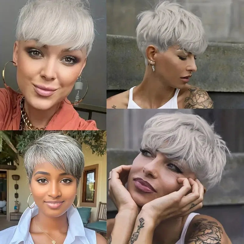 Ombre Grey Short Pixie Cut Wig with Bangs Salt and Pepper Human Hair Wig Pre Plucked Glueless Gray Bob Wig Full Machine Made