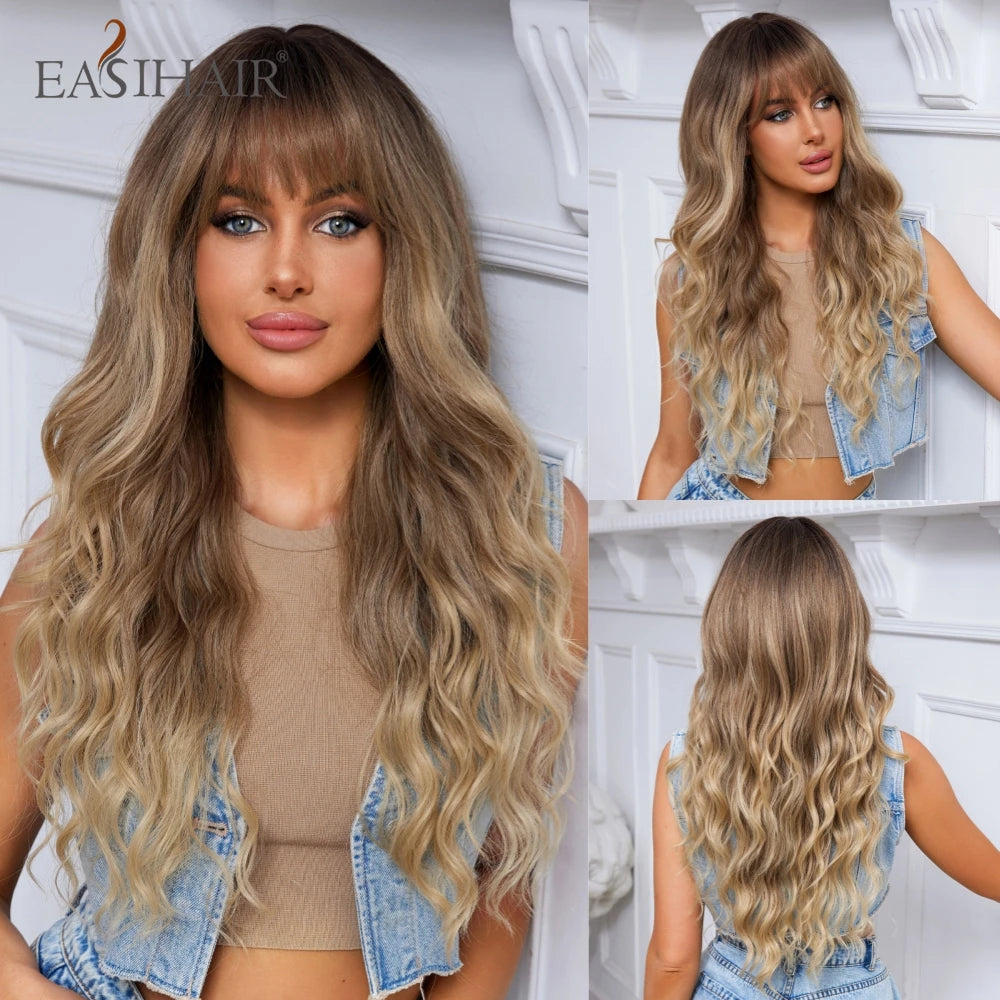 EASIHAIR Sandy Blonde Golden Wavy Synthetic Wigs with Long Hair Wigs for Women Natural Heat Resistant