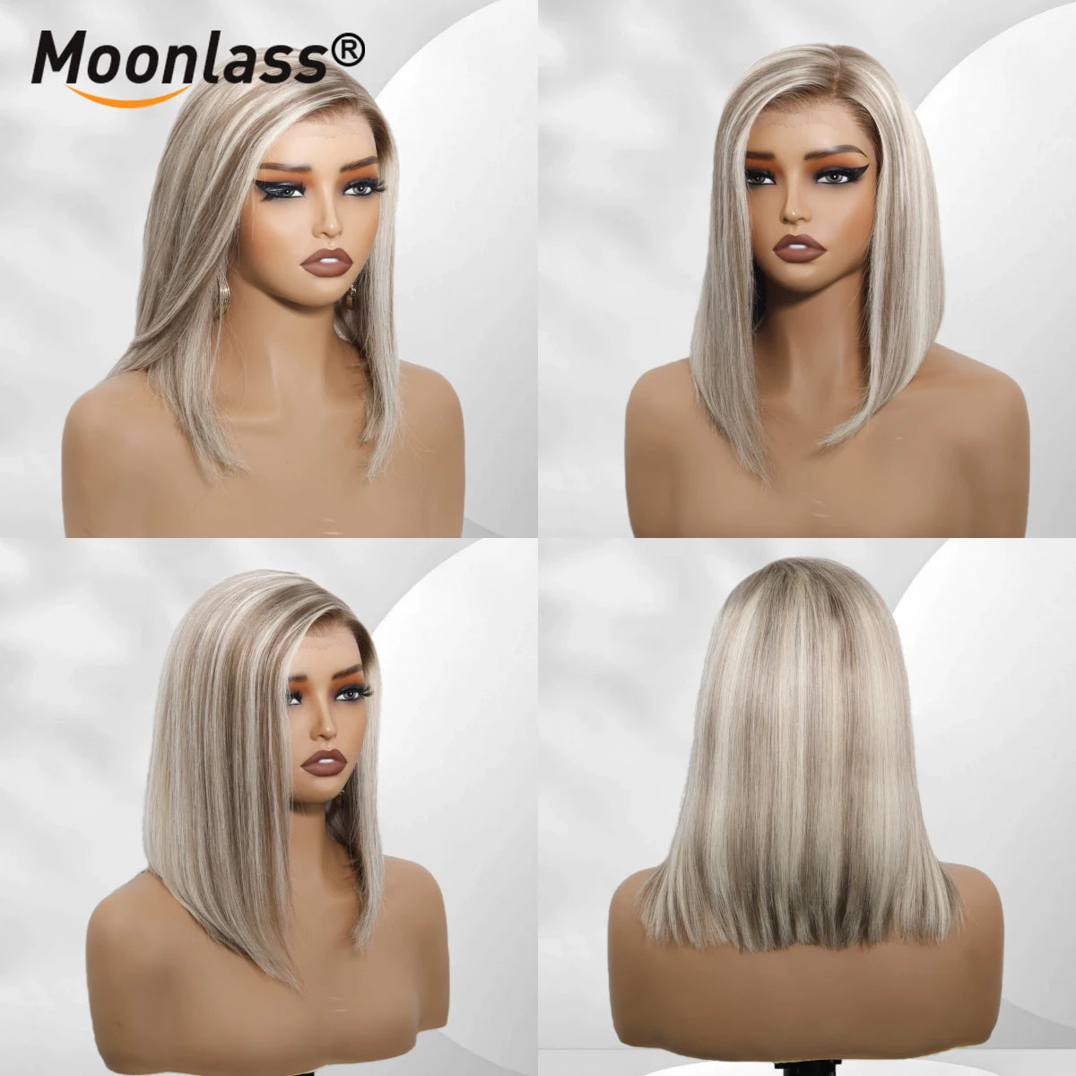 Moonlass 210 Density Highlight Grey Velvet Blunt Cut Bob 100% Human Hair Wigs Breathable Cap Construction Luxury for Everyday