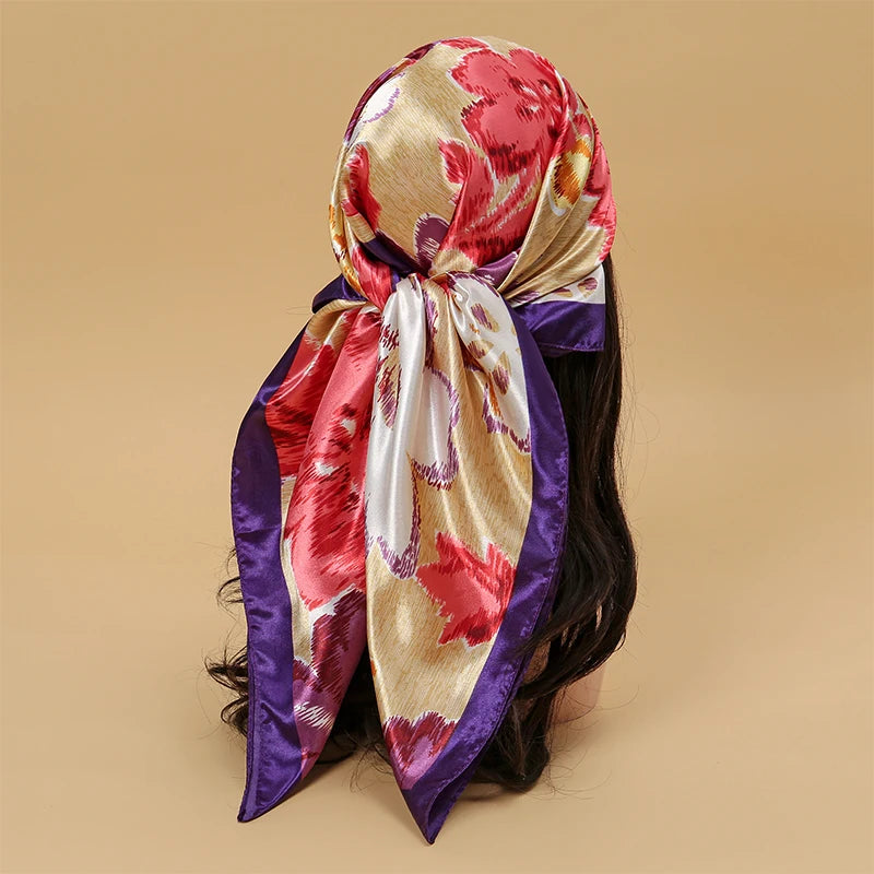 Satin Square Scarf Women  Elegant 2025 Print Silk Neckerchief Shawl Wraps Headband Handle Hair Accessories Bandana