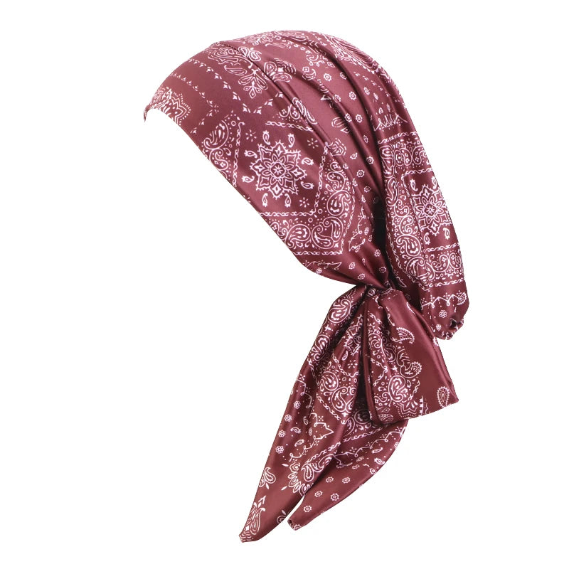 Cap Elastic Print Flower Pre-Tied Long Tail Headscarf Wrap Chemo Bonnet or Band