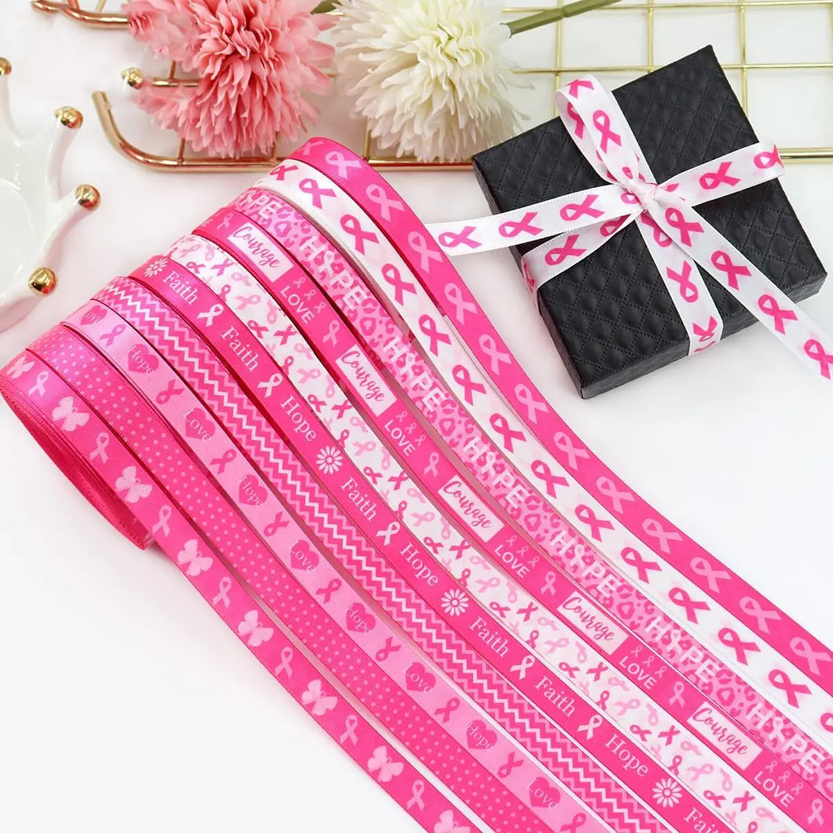 Breast Cancer Awareness Ribbon Pink Ribbon Printed Crafts Decorations Gift Wrapping Sewing