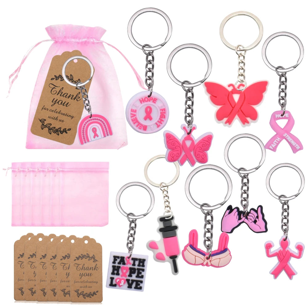 10 Sets Breast Cancer Awareness Keychains, Inspirational Gifts for Cancer Survivors and Fighters