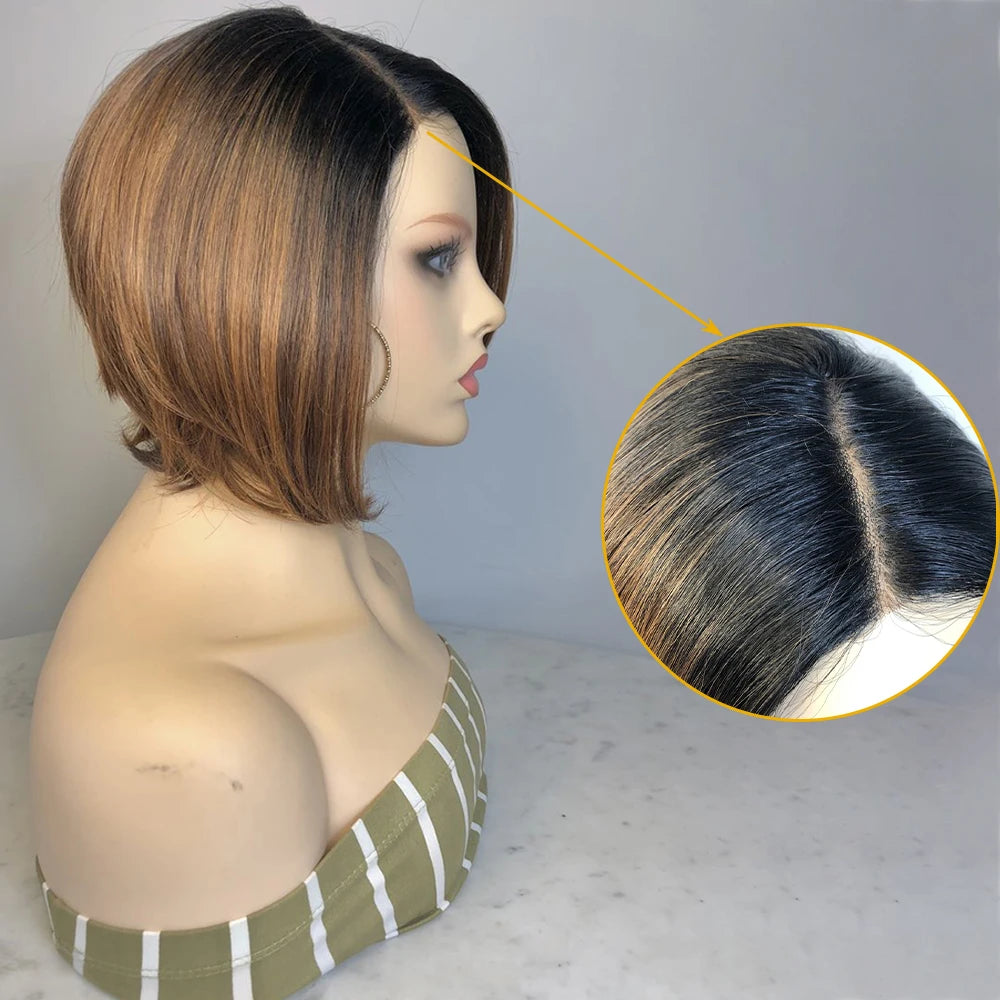 Synthetic Lace Front Wig L Part Straight Short Bob Ombre Rachel Brown Colored Soft Hair Wigs For Women Right Side Part