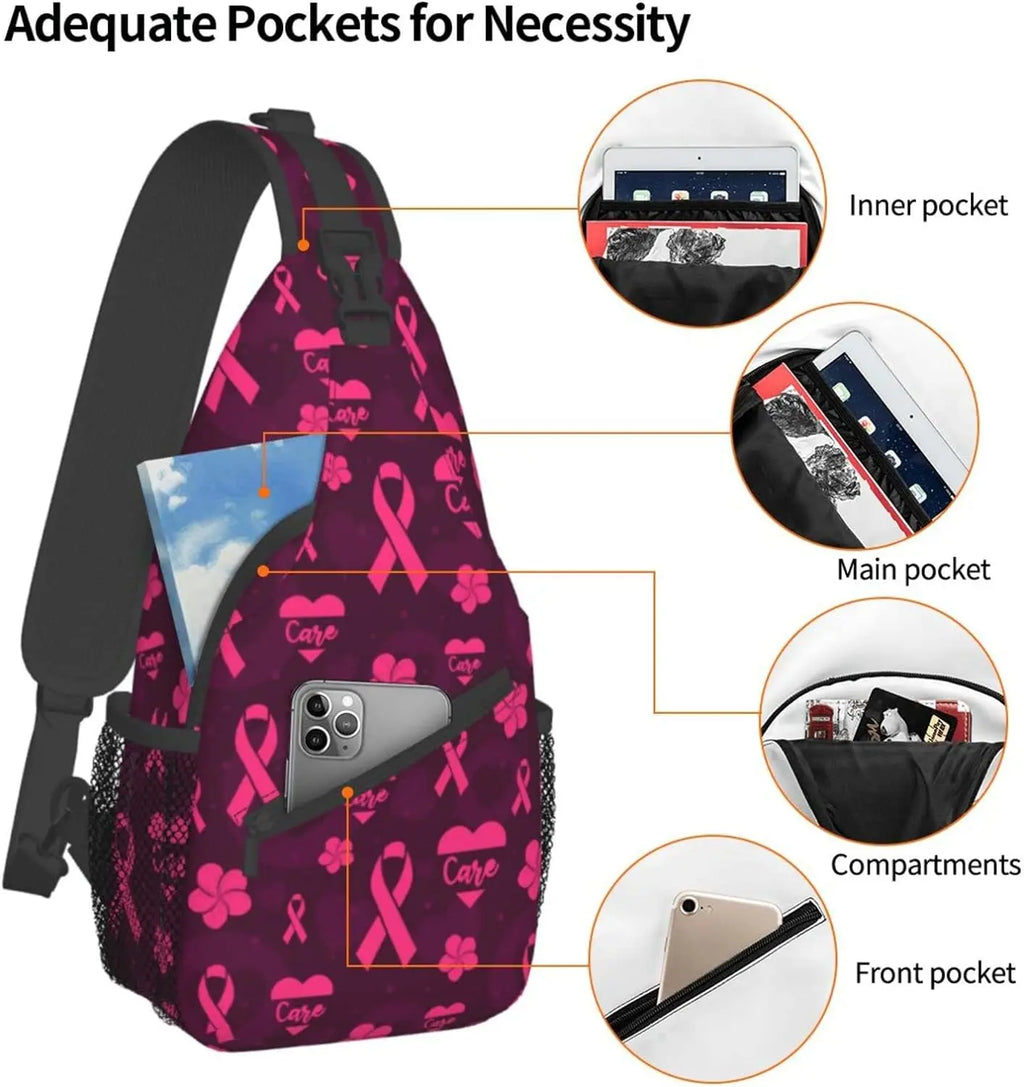 Breast Cancer Pink Awareness Ribbon Sling Bag for Women Girls Shoulder Backpack Chest Bags Crossbody Daypack for Hiking Camping