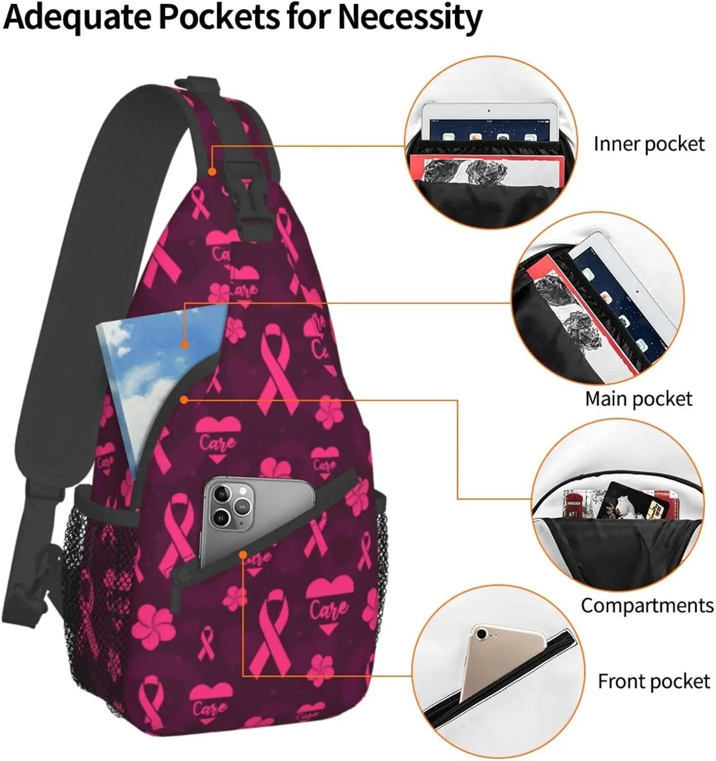Breast Cancer Pink Awareness Ribbon Sling Bag for Women Girls Shoulder Backpack Chest Bags Crossbody Daypack for Hiking Camping