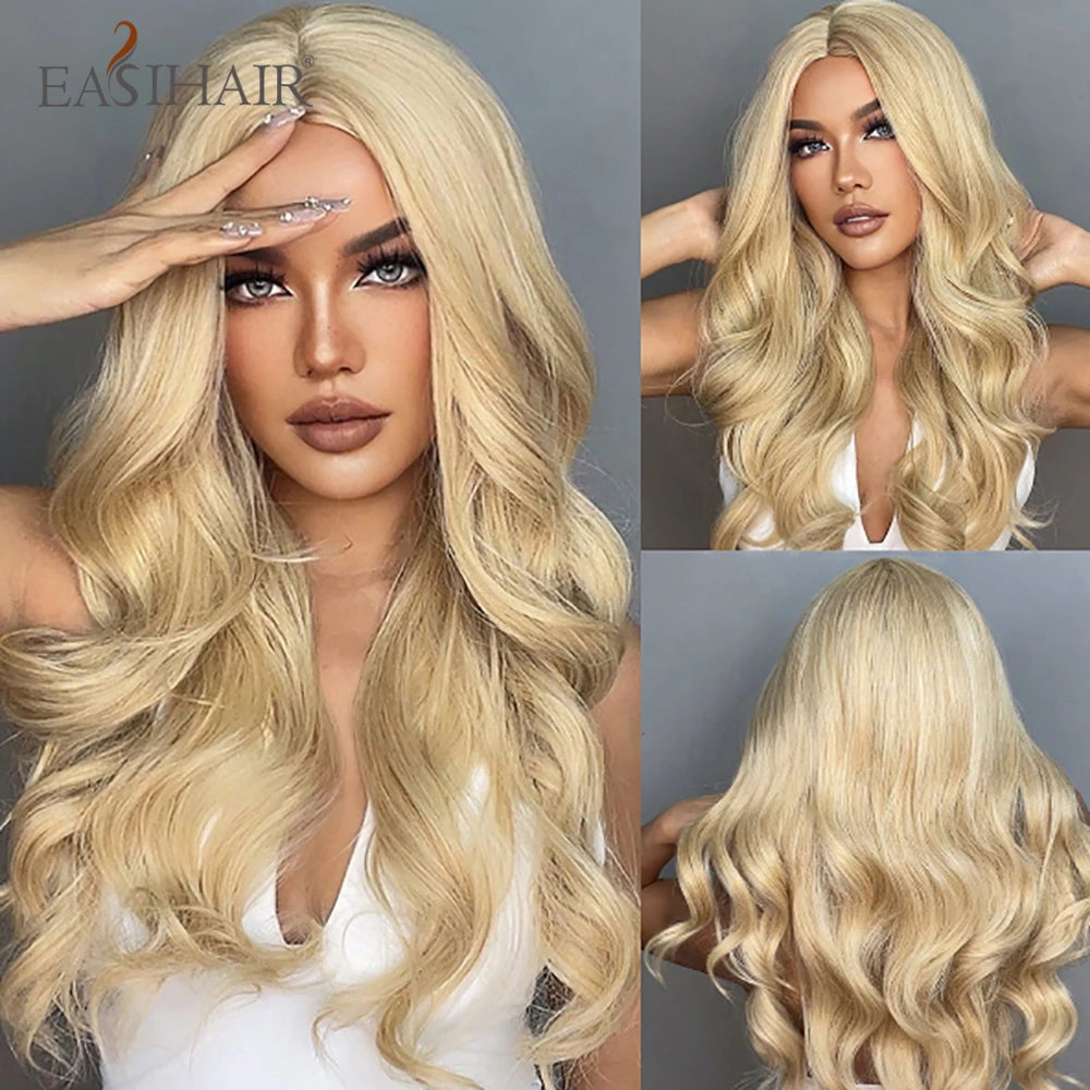 EASIHAIR Sandy Blonde Golden Wavy Synthetic Wigs with Long Hair Wigs for Women Natural Heat Resistant