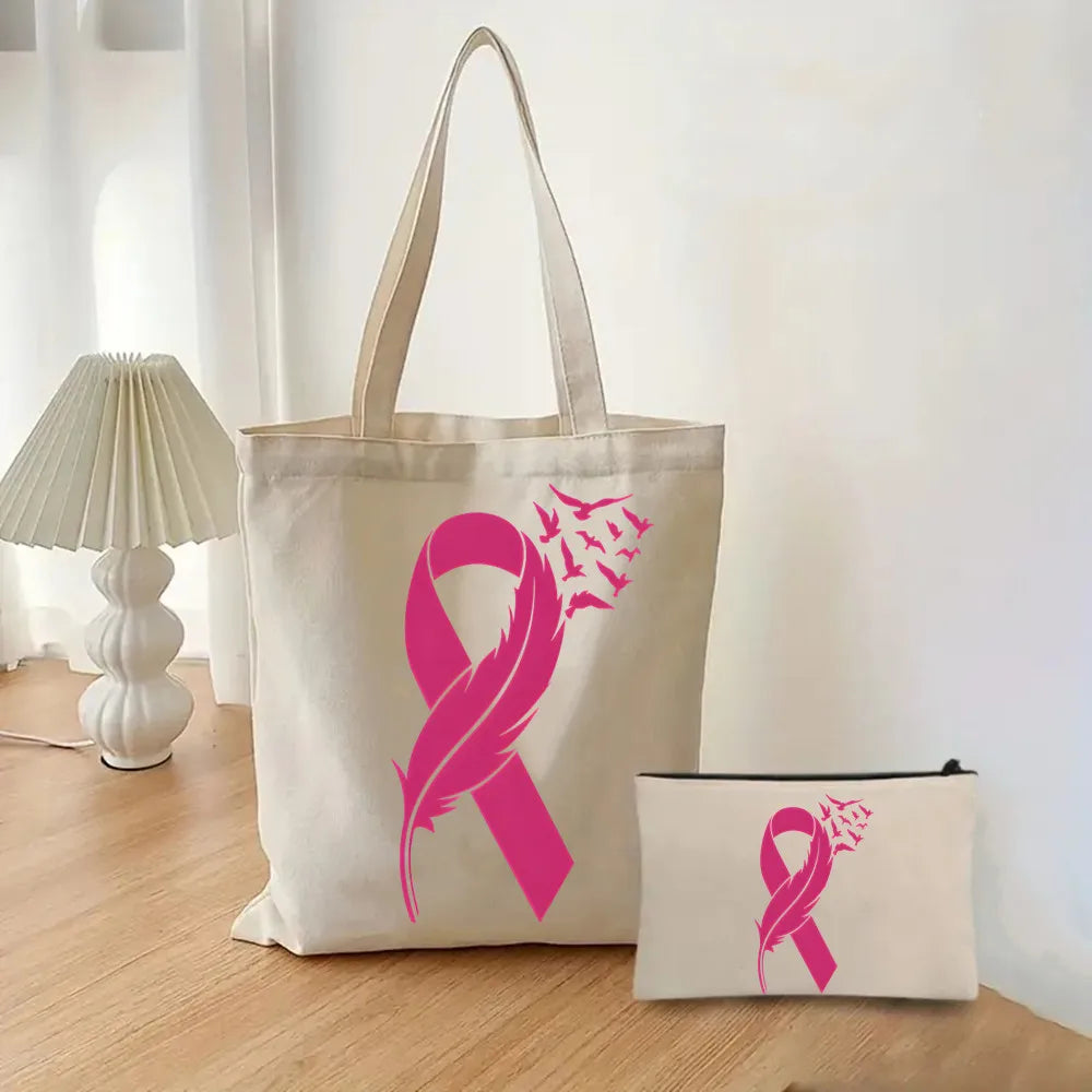October Pink Breast Cancer Awareness Pattern Bag Set, Lightweight Large Capacity Tote Bag, Party Gift Handbag for Girls