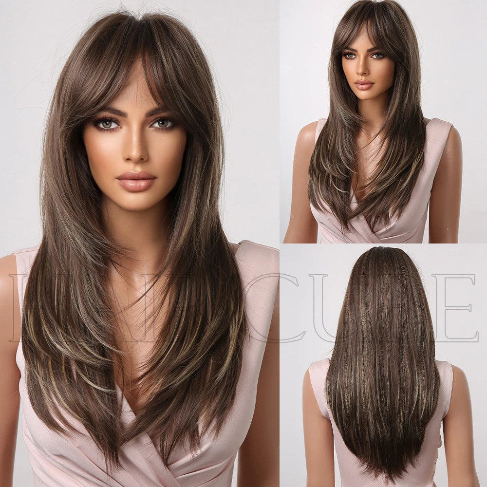 European and American wig, high level wig with bangs, gradient gold, brown, red wig for women's daily wear