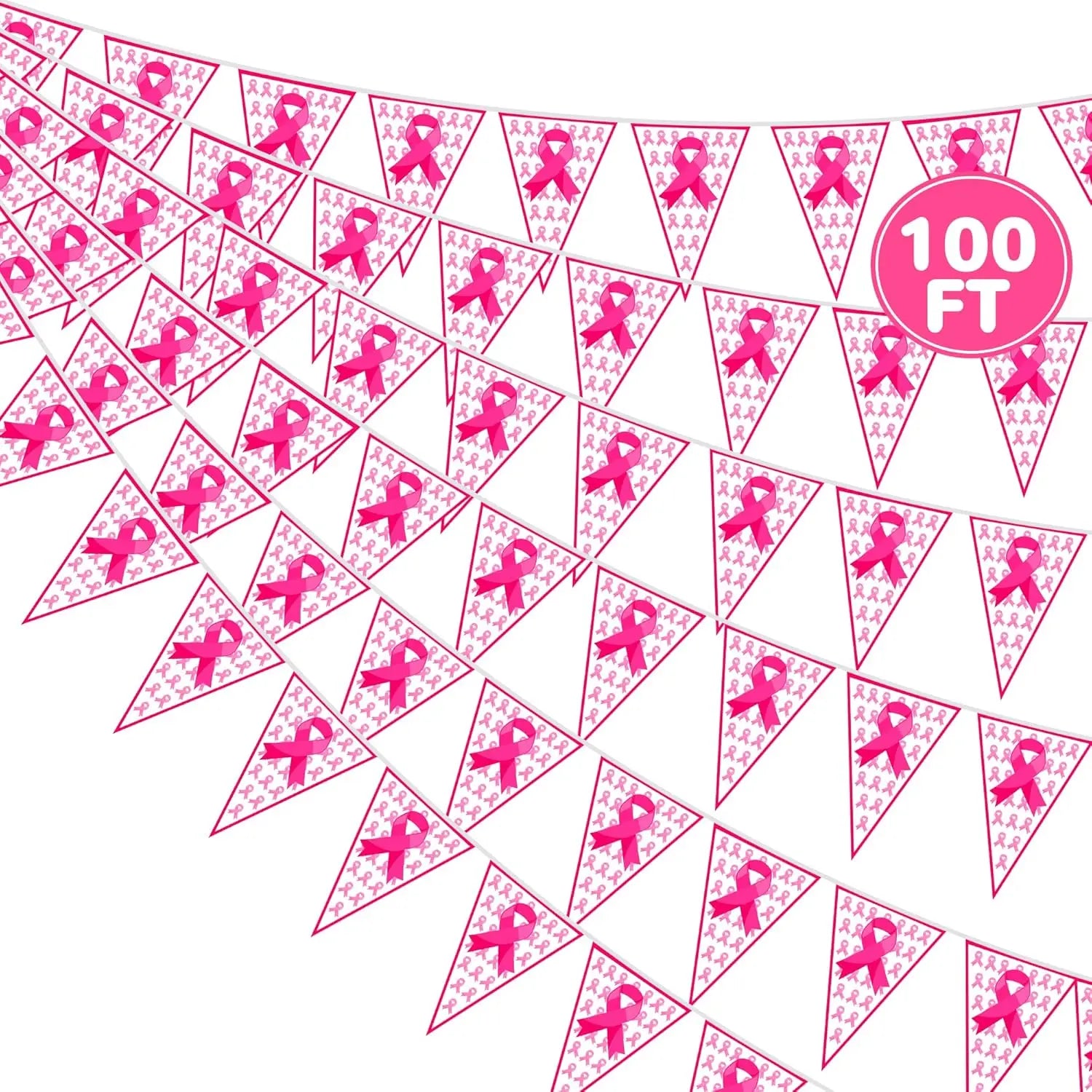 100FT Pink Ribbon Banner-60 PCS Breast Cancer Awareness Pennant Flags to Celebrate someone,  Pre-assembled Decor for Outdoor Indoor Party Wall