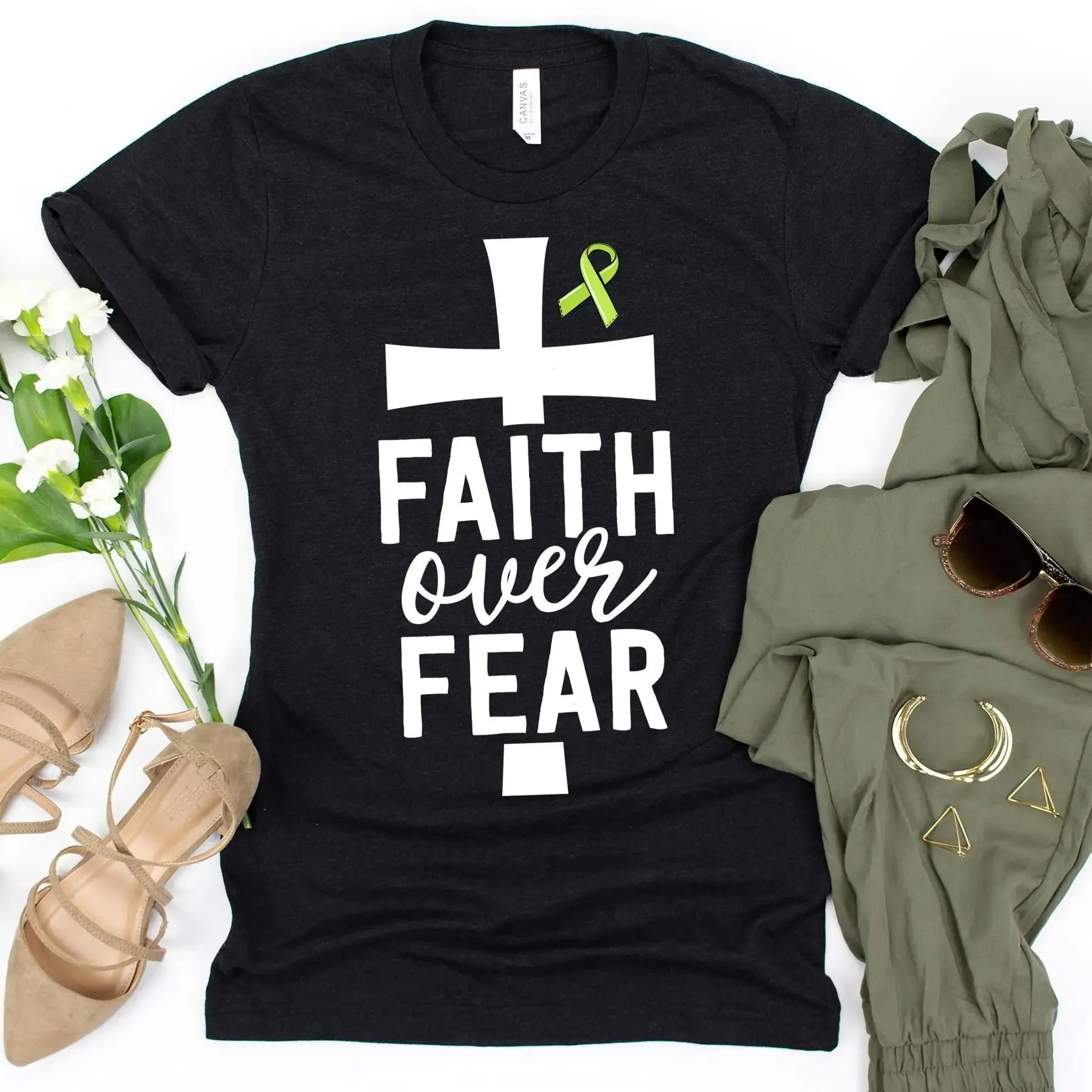 Faith Over Fear T Shirt Lymphoma Cancer Lime Green Ribbon Support Fight Family