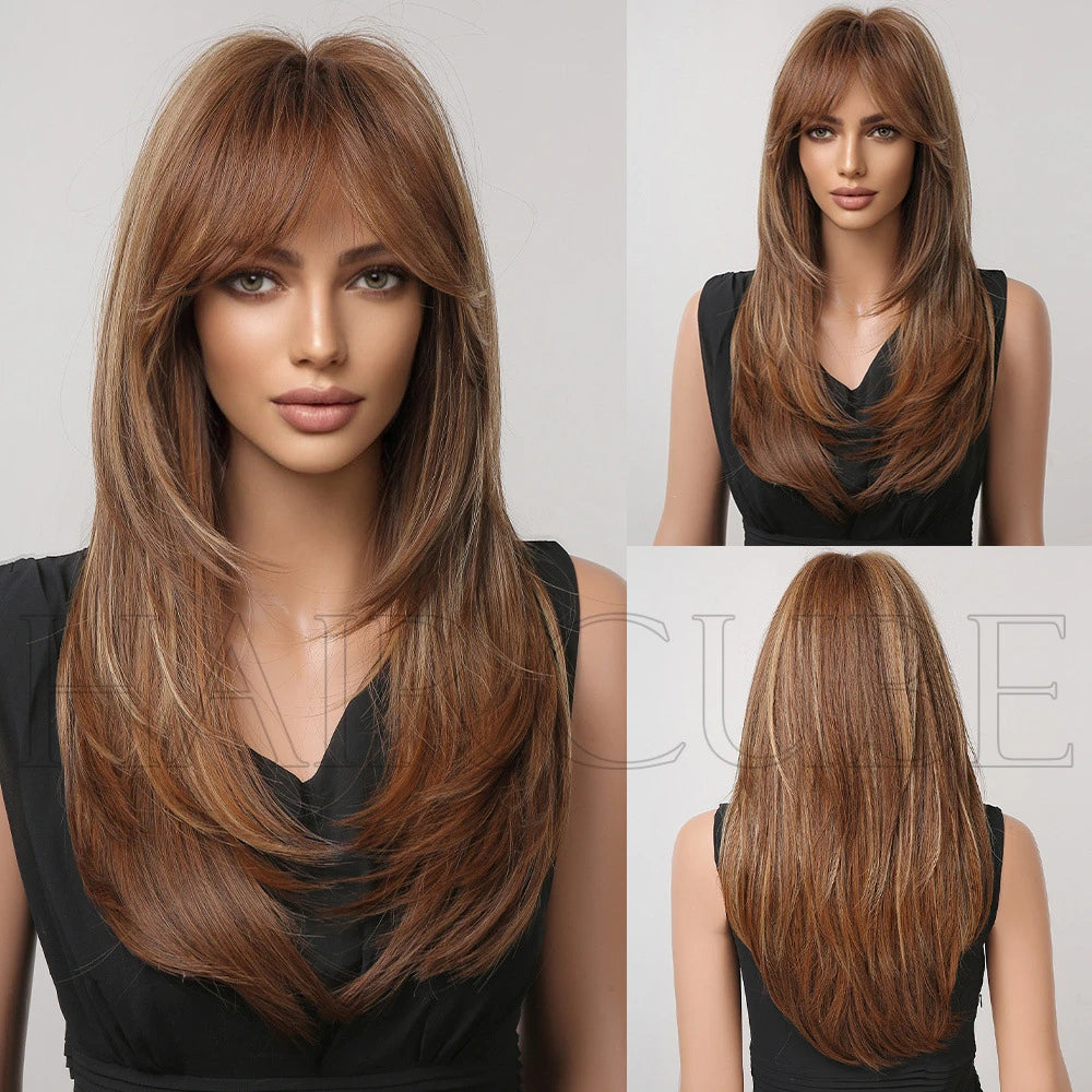 European and American wig, high level wig with bangs, gradient gold, brown, red wig for women's daily wear