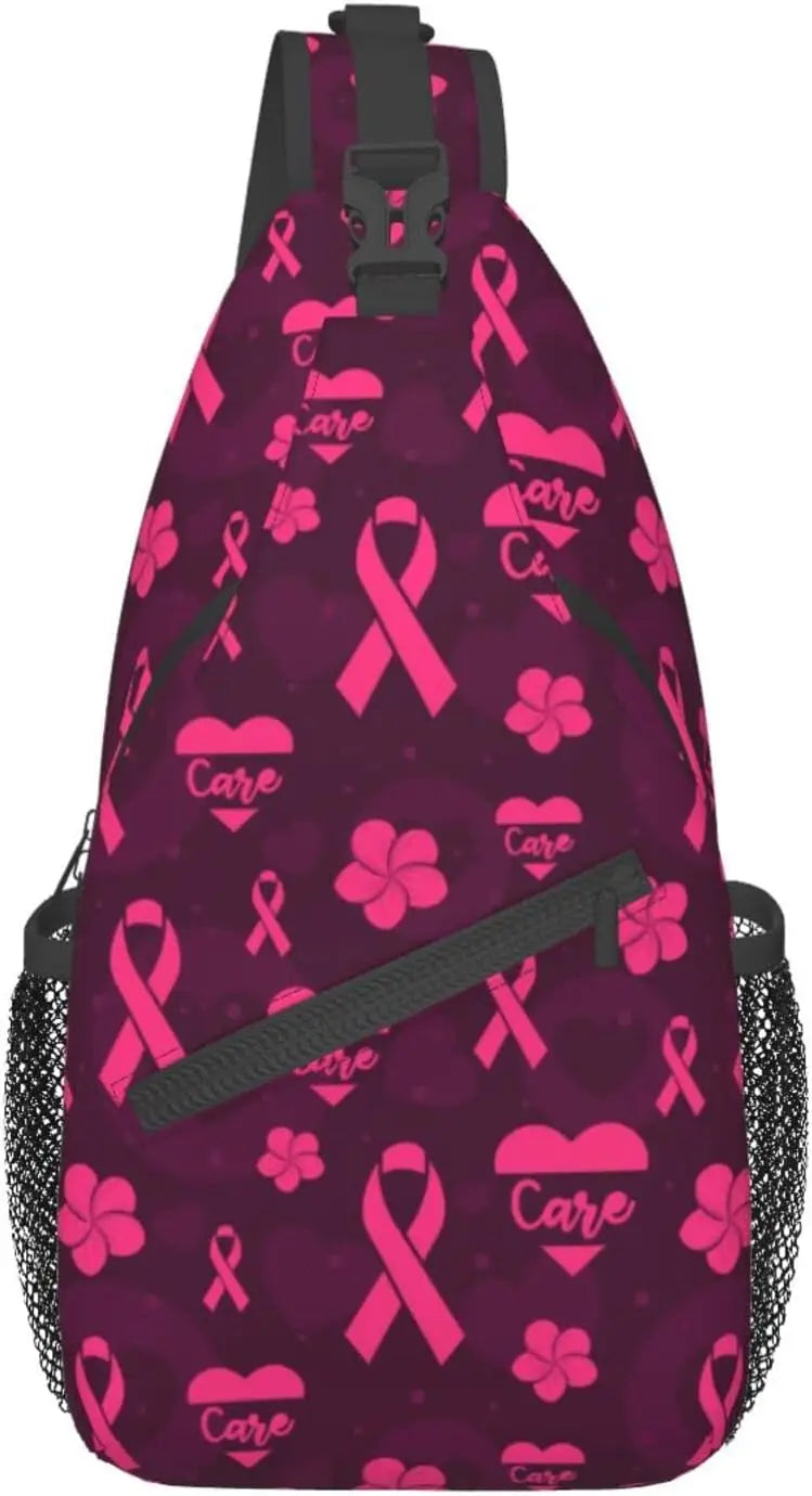 Breast Cancer Pink Awareness Ribbon Sling Bag for Women Girls Shoulder Backpack Chest Bags Crossbody Daypack for Hiking Camping
