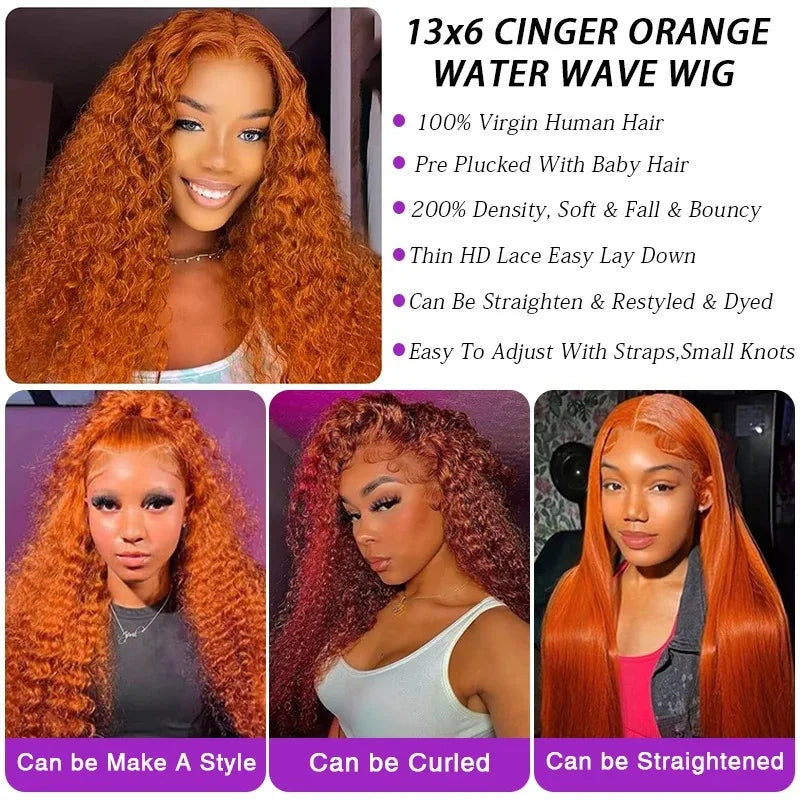 34inch Orange Ginger Water Wave Lace Front Wigs 13x4 13x6 #350 Colored Wigs 100% Brazilian Human Hair Deep Curly Wigs 260Density